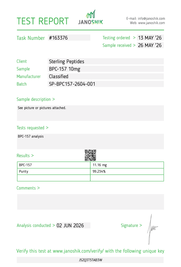bpc-157 test report Test Report page with JANOSHIK logo, task #163376, client Sterling Peptides, sample BPC-157 10mg, batch SP-BPC157-2604-001, results shown (11.16 mg; 99.234% purity).