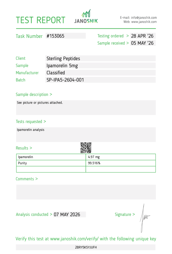 ipamorellin 5mg uk Laboratory test report for Ipamorelin 5mg from Sterling Peptides; results show 4.97 mg and 99.516% purity.