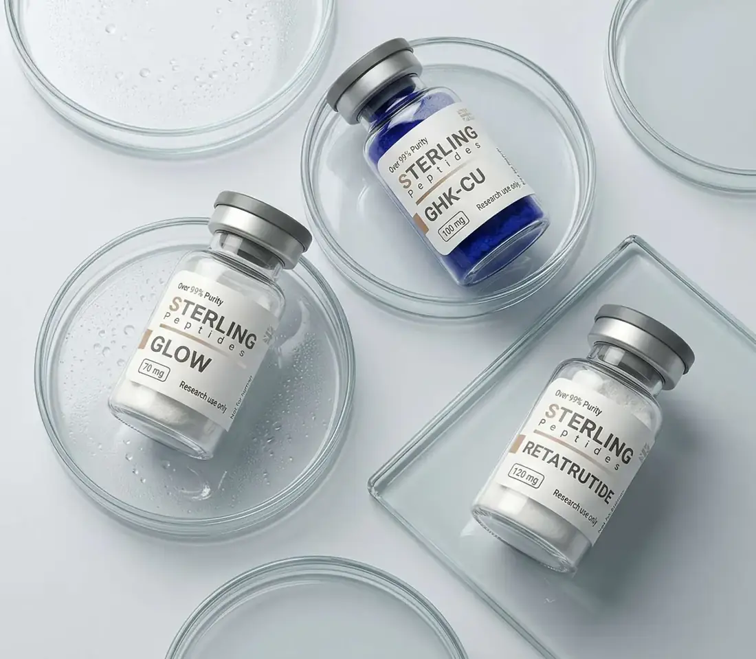 Sterling Research peptide vials on laboratory glassware